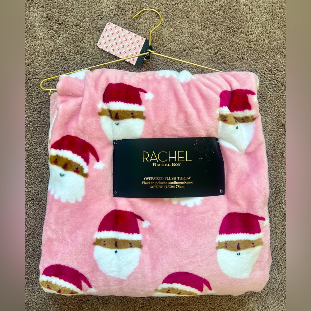 Rachel Roy Oversized Plush Throw Soft Blanket Pink Santa Christmas Print 60x70